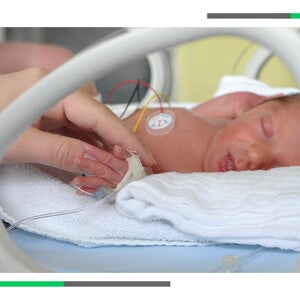 wcześniak w inkubatorze trzymany za rączkę przez opiekuna