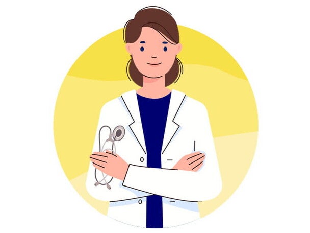 Ilustracja przedstawiająca lekarkę w białym fartuchu, stojącą z założonymi rękami na tle jasnego, żółtego koła.